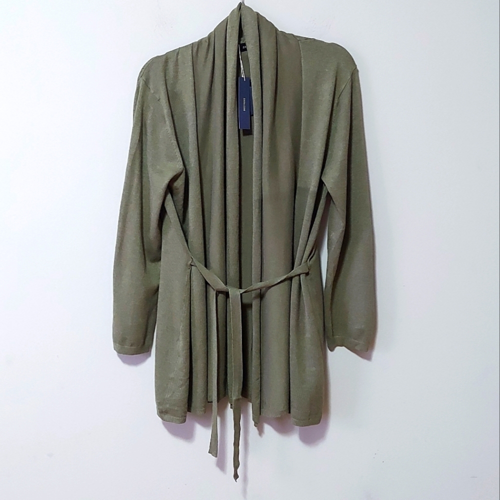 Zara Longline Open Front Cardigan Size Large Women Green Stretch Long Sleeve Tie